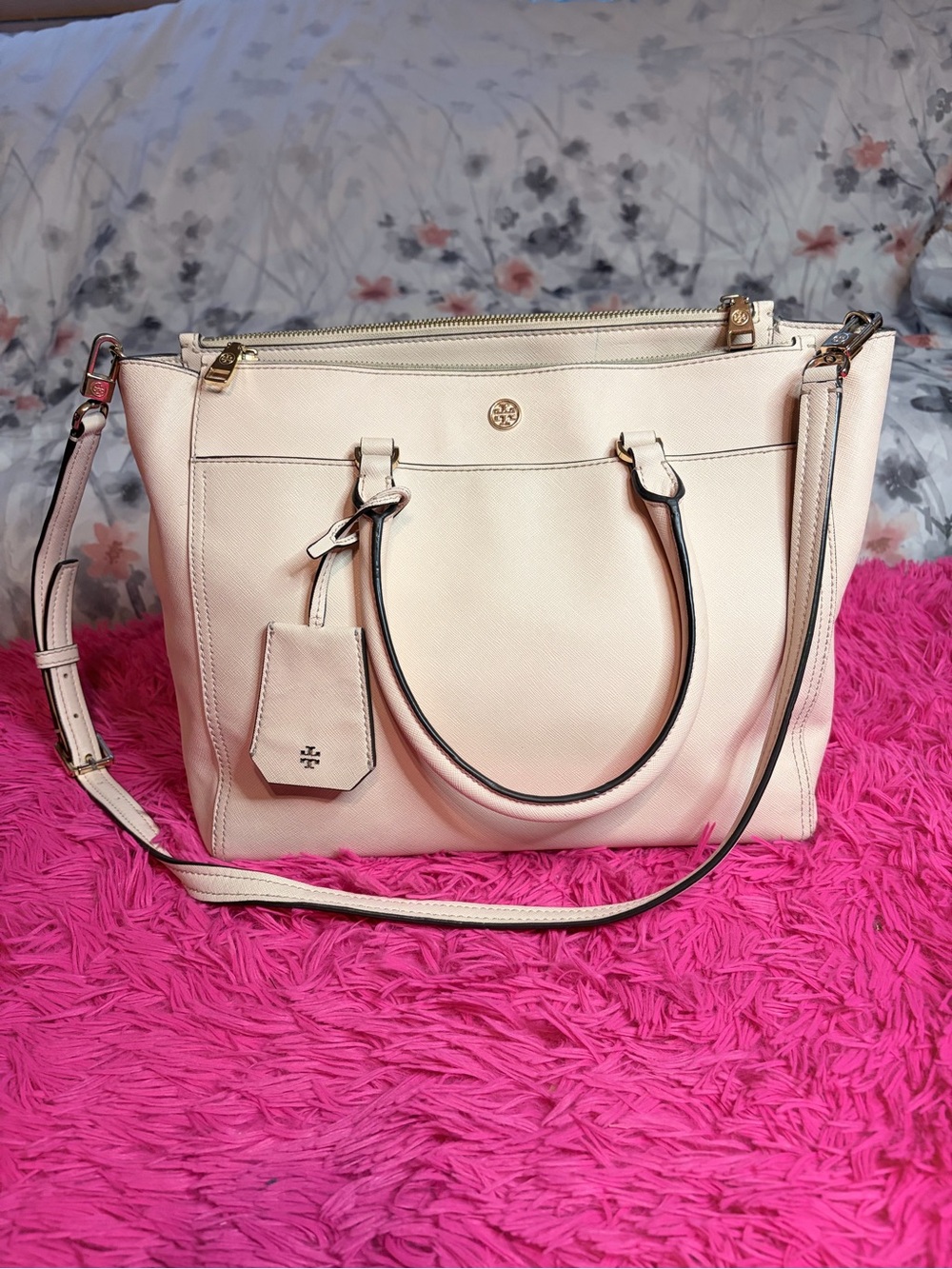 Tory Burch Light Cream Leather Tote with Shoulder Strap